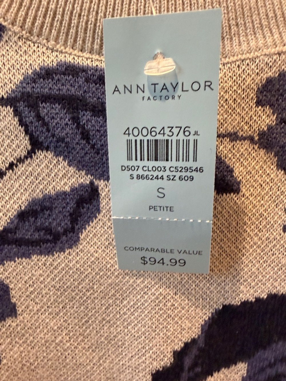 NWT Ann Taylor Blue Floral Crewneck Sweater on Cream - Picture 3 of 6